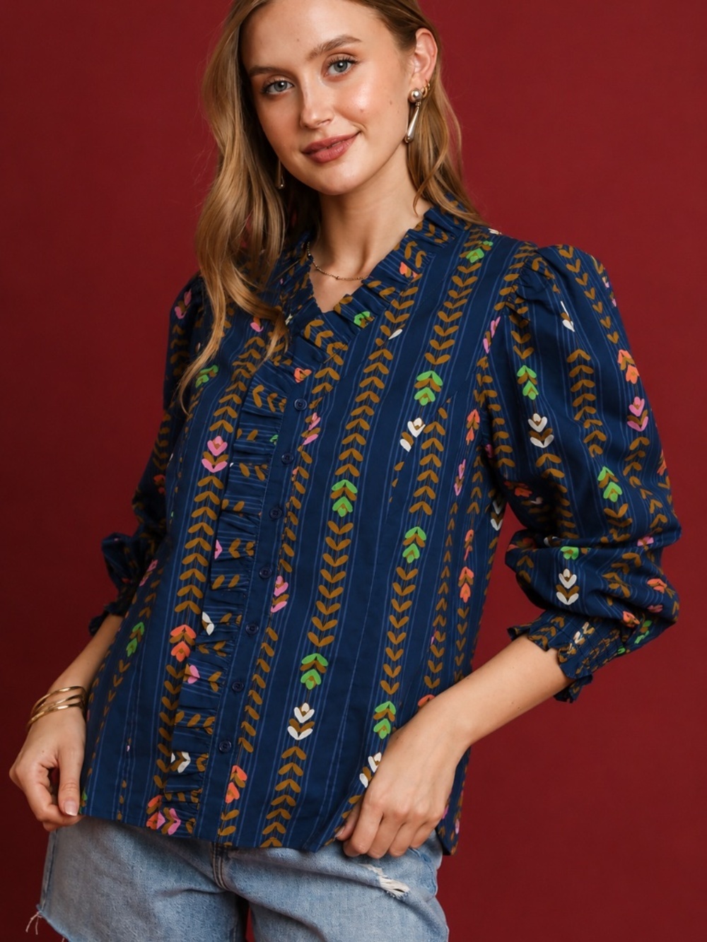 Umgee Midnight Mix Printed Blouse Ruffle V-Neck Boho Top NWT